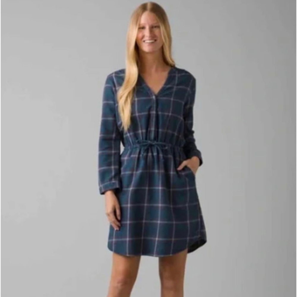 NWOT- Prana Navy Plaid Tie Waist Dress- L